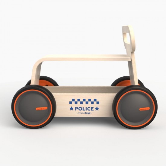 Masinuta ride-on, premergator si carucior de jucarii MamaToyz DriveMe Wood, Politie - Jucarie din lemn 3 in 1