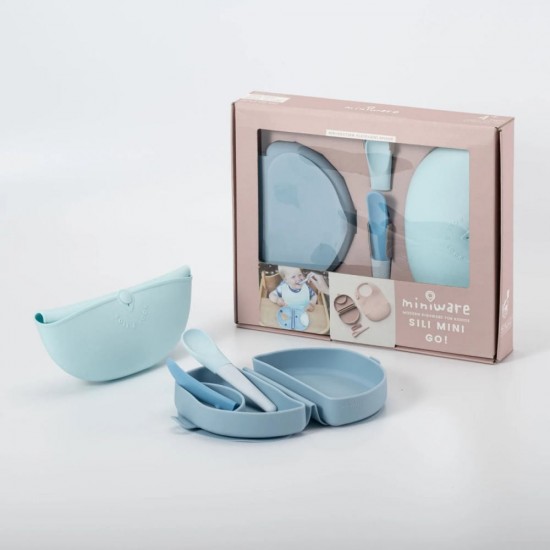 Set diversificare hrana bebelusi Miniware Sili Mini GO, 100% din materiale naturale biodegradabile, 3 piese, Blue Banana