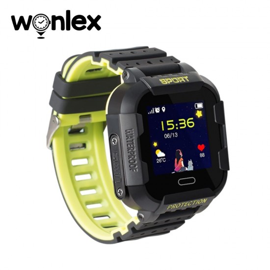Ceas Smartwatch pentru copii Wonlex KT03, Model 2022 cu Functie Telefon, Localizare GPS, Camera, Pedometru, SOS, Negru - Verde Lamaie, Cartela SIM Cadou