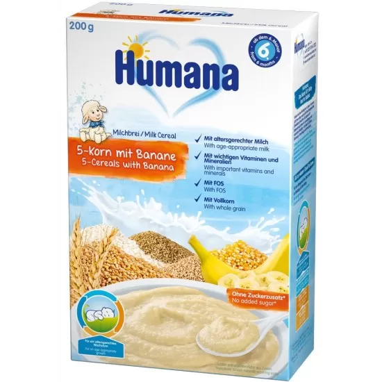 Cereale Humana cu 5 cereale si banane de la 6 luni 200 g Cereale Humana cu 5 cereale si banane de la 6 luni 200 g