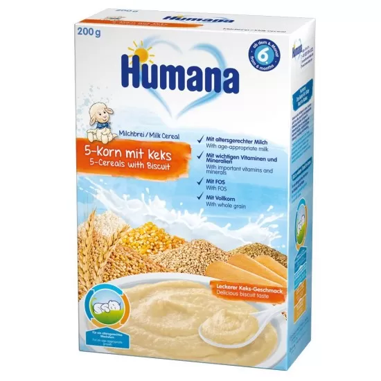 Cereale Humana cu 5 cereale si biscuiti de la 6 luni 200 g Cereale Humana cu 5 cereale si biscuiti de la 6 luni 200 g