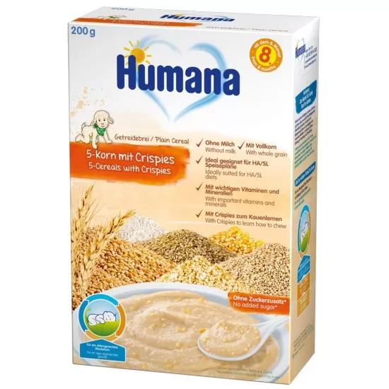 Cereale Humana fara lapte cu 5 cereale crocante de la 8 luni 200 g Cereale Humana fara lapte cu 5 cereale crocante de la 8 luni 200 g