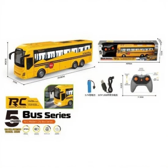 Autobuz scolar cu telecomanda, 4 functii directie, lumini, cablu USB, 29 cm