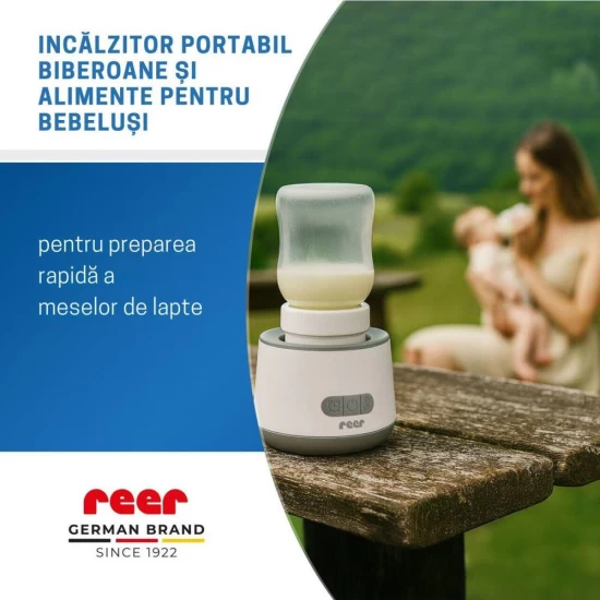 Incalzitor portabil biberoane si alimente pentru bebelusi, 4 trepte temperatura, acumulator cu incarcare USB-C, independent de priza, Reer Heat2Go