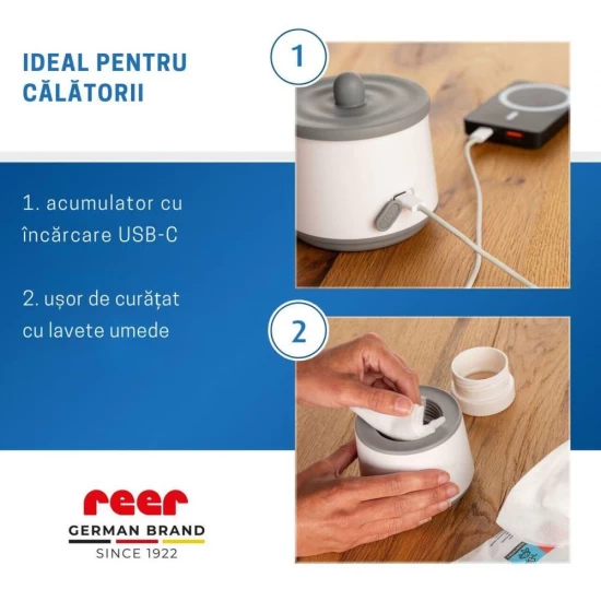 Incalzitor portabil biberoane si alimente pentru bebelusi, 4 trepte temperatura, acumulator cu incarcare USB-C, independent de priza, Reer Heat2Go