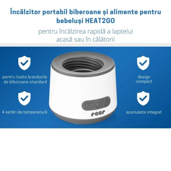 Incalzitor portabil biberoane si alimente pentru bebelusi, 4 trepte temperatura, acumulator cu incarcare USB-C, independent de priza, Reer Heat2Go