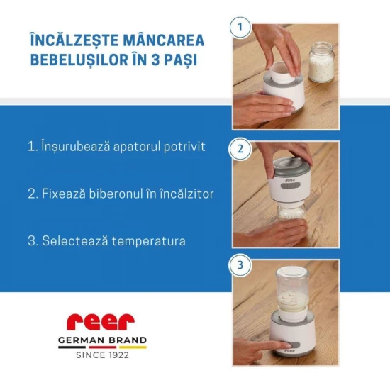 Incalzitor portabil biberoane si alimente pentru bebelusi, 4 trepte temperatura, acumulator cu incarcare USB-C, independent de priza, Reer Heat2Go