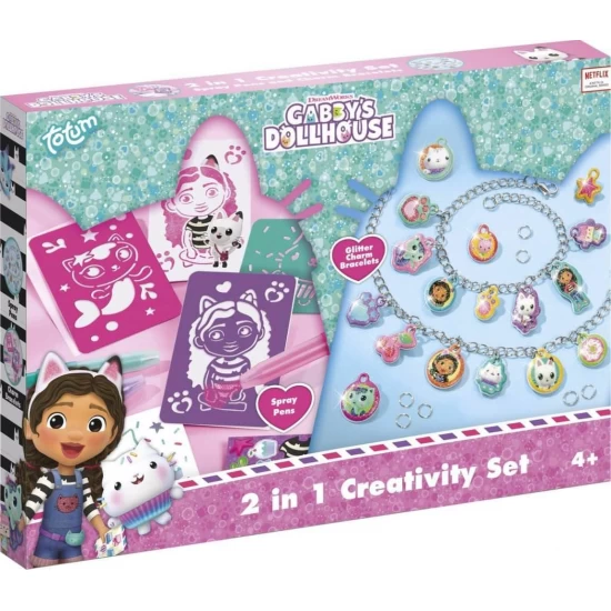 Set creativ 2 in 1 Bratari cu sclipici si carioci spray Gabby s Dollhouse Set creativ 2 in 1 Bratari cu sclipici si carioci spray Gabby s Dollhouse