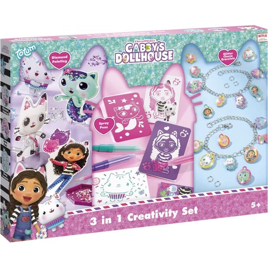 Set creativ 3 in 1, Bratari cu pandantive, carioci spray si diamont painting, Gabby s Dollhouse Set creativ 3 in 1, Bratari cu pandantive, carioci spray si diamont painting, Gabby s Dollhouse