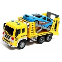 Set jucarie interactiva, camion de tractare cu platforma, rampa mobila, sunete, lumini si masinuta, scara 1:16, galben/albastru