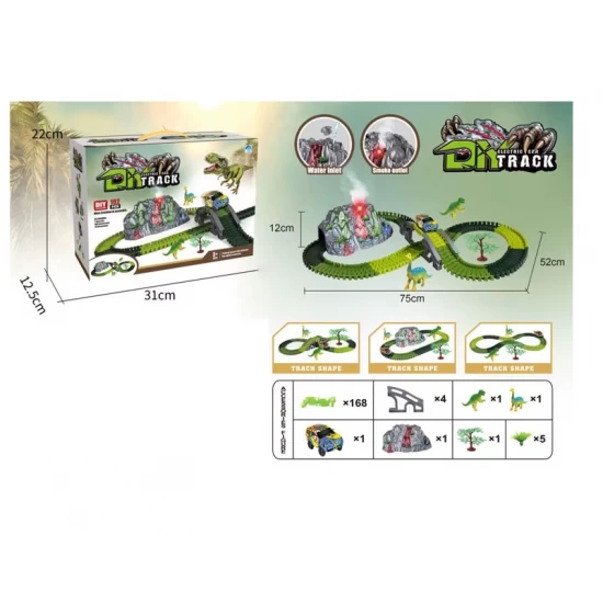 Set asamblare circuit cu masinuta electrica, dinozauri si vulcan cu efect fum 182 piese Set asamblare circuit cu masinuta electrica, dinozauri si vulcan cu efect fum 182 piese