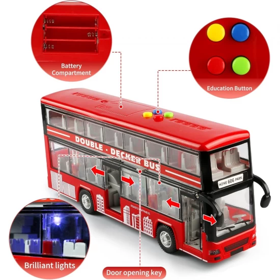 Autobuz supraetajat cu sunete, lumini si functie usi deschise 28 cm rosu