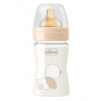 Biberon din sticla Chicco Original Touch, 240 ml, cu tetina din latex 100% natural, anti-colic, 0+ luni, debit lent, fara BPA  