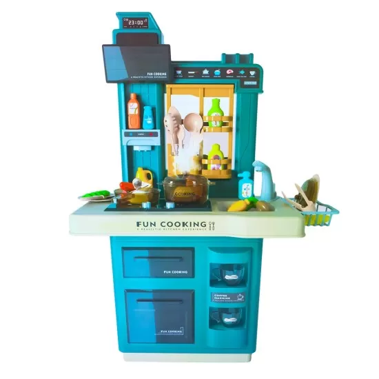 Bucatarie copii cu accesorii, sunete si lumini Fun Cooking albastru Bucatarie copii cu accesorii, sunete si lumini Fun Cooking albastru