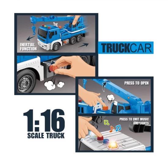 Camion cu macara, sunete, lumini, scara 1:16, albastru Camion cu macara, sunete, lumini, scara 1:16, albastru