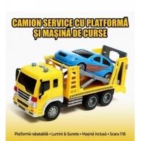 Set jucarie interactiva, camion de tractare cu platforma, rampa mobila, sunete, lumini si masinuta, scara 1:16, galben/albastru