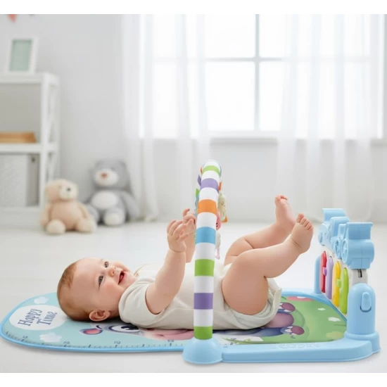 Covoras de joaca bebe cu pian si arcada cu jucarii Hippo Albastru Covoras de joaca bebe cu pian si arcada cu jucarii Hippo Albastru