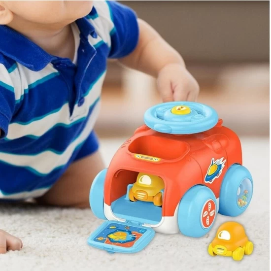 Jucarie bebelusi - Masina catapulta cu volan si 2 masinute Push and Go Jucarie bebelusi - Masina catapulta cu volan si 2 masinute Push and Go