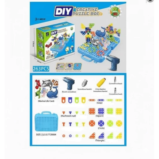 Set creativ de asamblare cu surubelnita electrica, tip mozaic, Lumea Marina, 263 piese