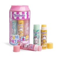 Set 3 balsamuri de buze cu aroma de fructe Martinelia in ambalaj tip doza de suc