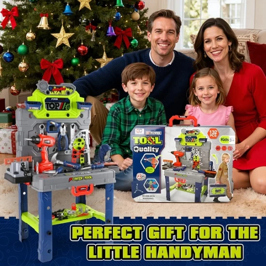 Set banc de lucru pentru copii cu bormasina electrica si accesorii 132 piese