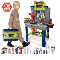 Set banc de lucru pentru copii cu bormasina electrica si accesorii 132 piese