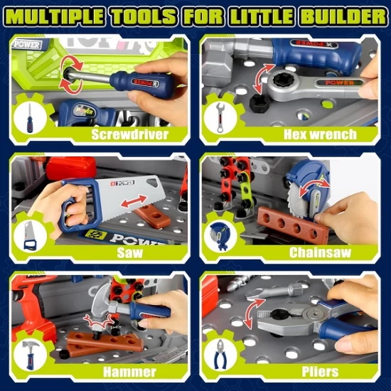 Set banc de lucru pentru copii cu bormasina electrica si accesorii 132 piese