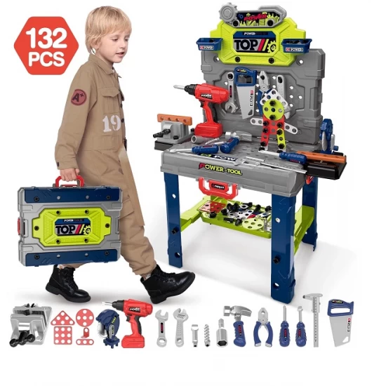 Set banc de lucru pentru copii cu bormasina electrica si accesorii 132 piese