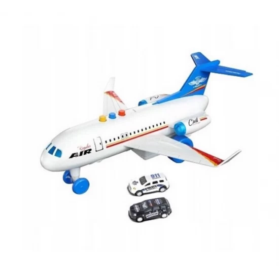 Avion de jucarie 28 cm cu sunete, lumini si 2 masinute, alb