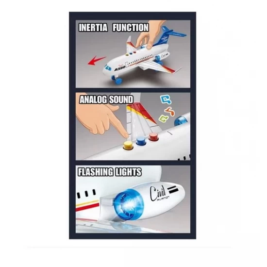 Avion de jucarie 28 cm cu sunete, lumini si 2 masinute, alb