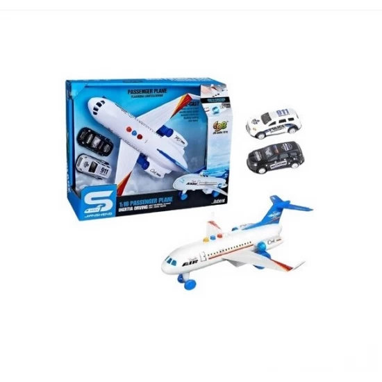 Avion de jucarie 28 cm cu sunete, lumini si 2 masinute, alb