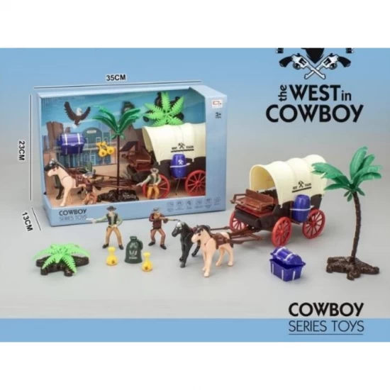 Set de joaca cu figurine cowboy si caruta western Vestul Salbatic Set de joaca cu figurine cowboy si caruta western Vestul Salbatic