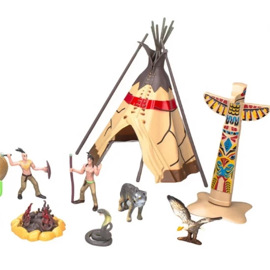 Set de joaca trib indian cu figurine, cort si barca