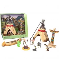 Set de joaca trib indian cu figurine, cort si barca