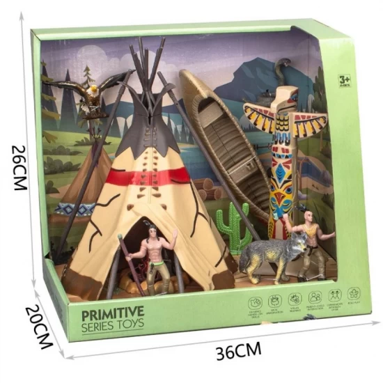 Set de joaca trib indian cu figurine, cort si barca
