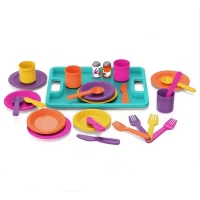 Set accesorii bucatarie de jucarie cu tacamuri, farfurioare, cescute si tavita 27 piese