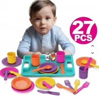 Set accesorii bucatarie de jucarie cu tacamuri, farfurioare, cescute si tavita 27 piese