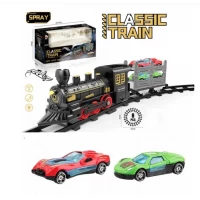 Trenulet electric cu sunete, lumini, fum si 2 masinute metalice