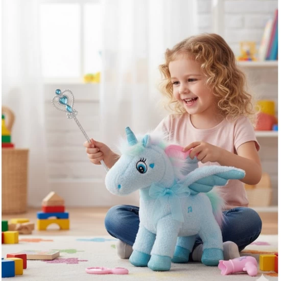 Unicorn de plus electric cu functie inregistrare, atingere, melodii, lumini si accesorii Unicorn de plus electric cu functie inregistrare, atingere, melodii, lumini si accesorii