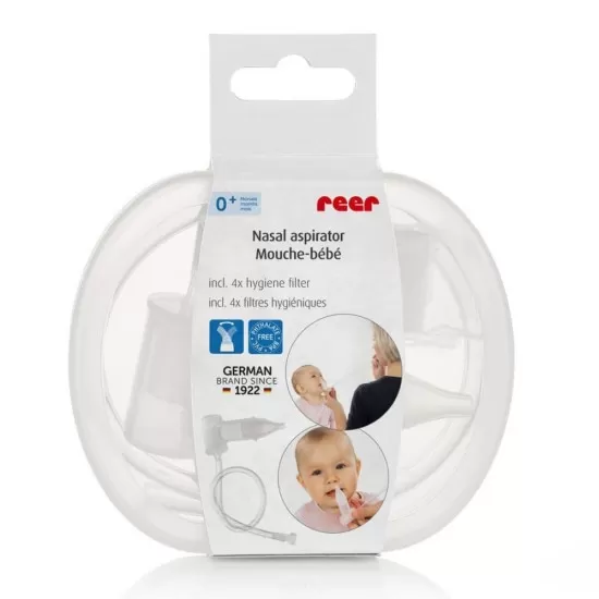 Aspirator nazal bebelusi, cu aspirare bucala, varf din silicon moale, sterilizabil la abur, cutie depozitare si 4 filtre, Reer 79139 Aspirator nazal bebelusi, cu aspirare bucala, varf din silicon moale, sterilizabil la abur, cutie depozitare si 4 filtre, Reer 79139