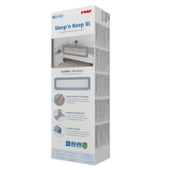 Bariera protectie anticadere pat copii, lungime 150 cm, albastru-gri, Reer Sleep'n Keep XL Bariera protectie anticadere pat copii, lungime 150 cm, albastru-gri, Reer Sleep'n Keep XL