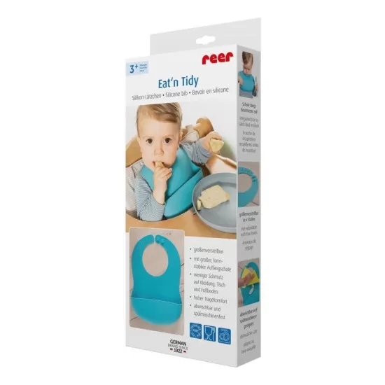 Bavetica din silicon moale cu buzunar colector pentru bebelusi, reglabila, albastra, Reer Eat`n Tidy Bavetica din silicon moale cu buzunar colector pentru bebelusi, reglabila, albastra, Reer Eat`n Tidy