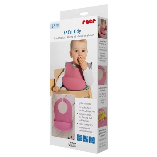 Bavetica din silicon moale cu buzunar colector pentru bebelusi, reglabila, roz, Reer Eat`n Tidy Bavetica din silicon moale cu buzunar colector pentru bebelusi, reglabila, roz, Reer Eat`n Tidy