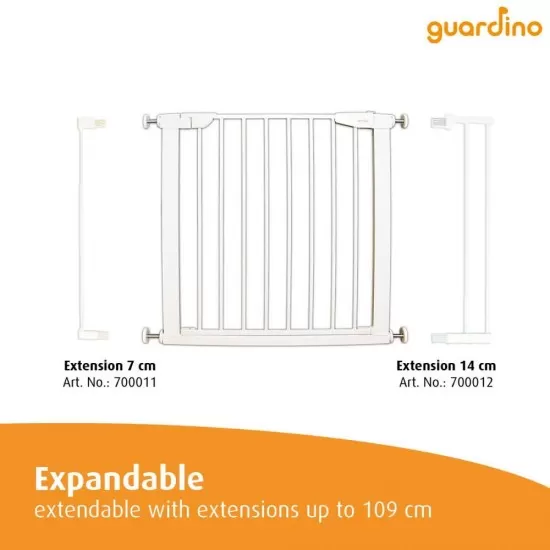 Poarta de siguranta pentru copii, 75-81 cm, extensibila, montare prin presiune, fara gaurire, metal, alb, Guardino 700010