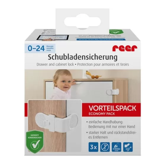 Set 3 sigurante pentru blocare sertare si usi de dulapuri REER 71080 Set 3 sigurante pentru blocare sertare si usi de dulapuri REER 71080