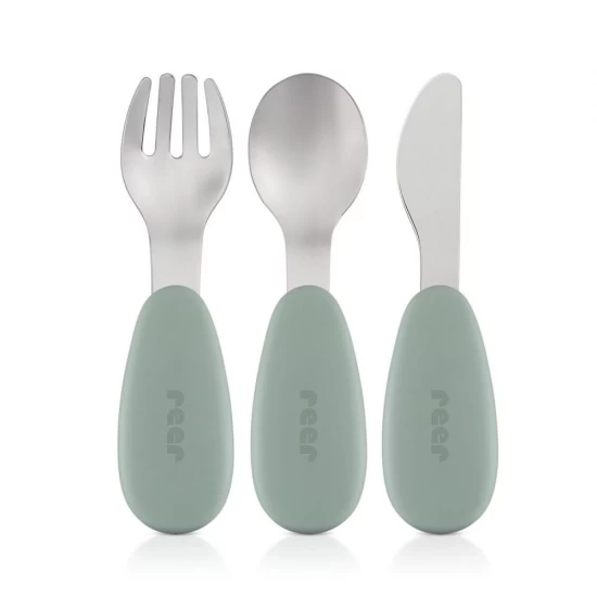 Set 3 tacamuri din otel inoxidabil (furculita, lingurita si cutit), manere din silicon, fara BPA, lavabile in masina de spalat vase, Reer Set 3 tacamuri din otel inoxidabil (furculita, lingurita si cutit), manere din silicon, fara BPA, lavabile in masina de spalat vase, Reer