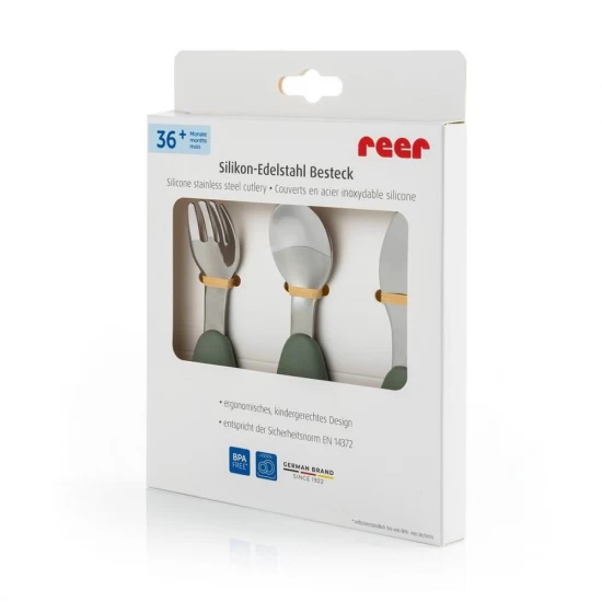 Set 3 tacamuri din otel inoxidabil (furculita, lingurita si cutit), manere din silicon, fara BPA, lavabile in masina de spalat vase, Reer Set 3 tacamuri din otel inoxidabil (furculita, lingurita si cutit), manere din silicon, fara BPA, lavabile in masina de spalat vase, Reer