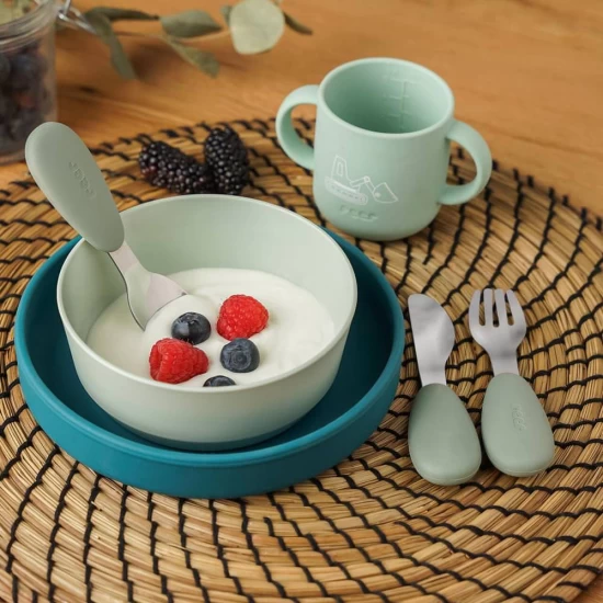 Set 3 tacamuri din otel inoxidabil (furculita, lingurita si cutit), manere din silicon, fara BPA, lavabile in masina de spalat vase, Reer Set 3 tacamuri din otel inoxidabil (furculita, lingurita si cutit), manere din silicon, fara BPA, lavabile in masina de spalat vase, Reer