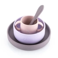 Set 4 piese vesela din silicon pentru mancarea copiilor (farfurie, castron, canuta, lingurita), fara BPA, lavabile in masina de spalat vase, de la 6 luni, mov, Reer