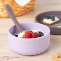 Set 4 piese vesela din silicon pentru mancarea copiilor (farfurie, castron, canuta, lingurita), fara BPA, lavabile in masina de spalat vase, de la 6 luni, mov, Reer